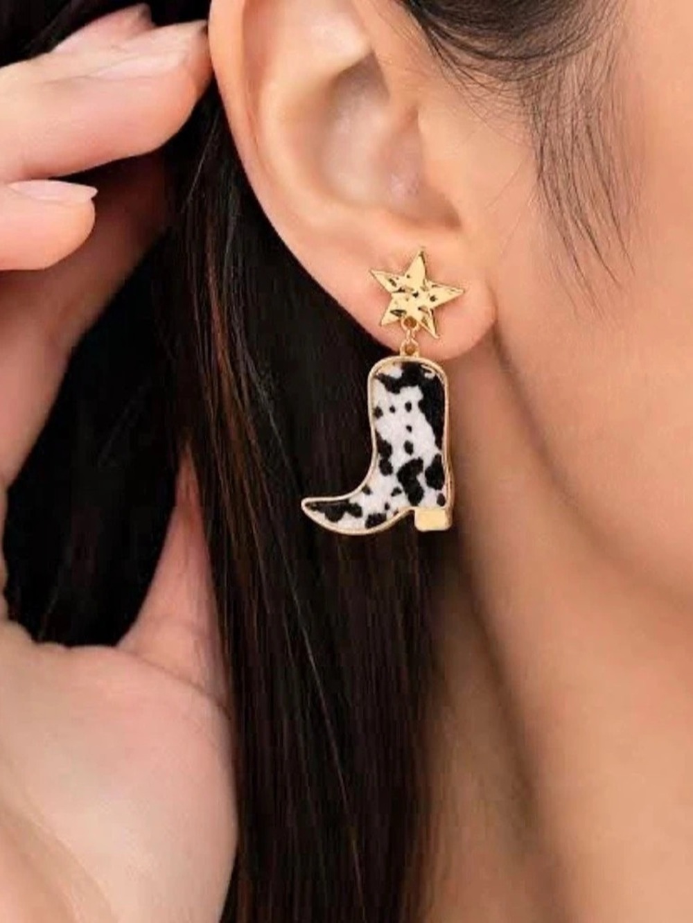 Cow Print Cowboy Boot Earrings